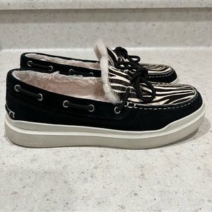 COLE HAAN GrandPro Rally Moccasin Black Leather Suede Zebra Hair Size 7B Fuaxfur